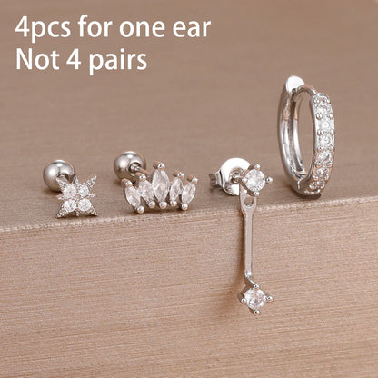 4PCS Stainless Steel Circle Huggie Hoop Earrings Set for Women Gold Color Unique Zircon Flower Stud Earring Piercing Jewelry