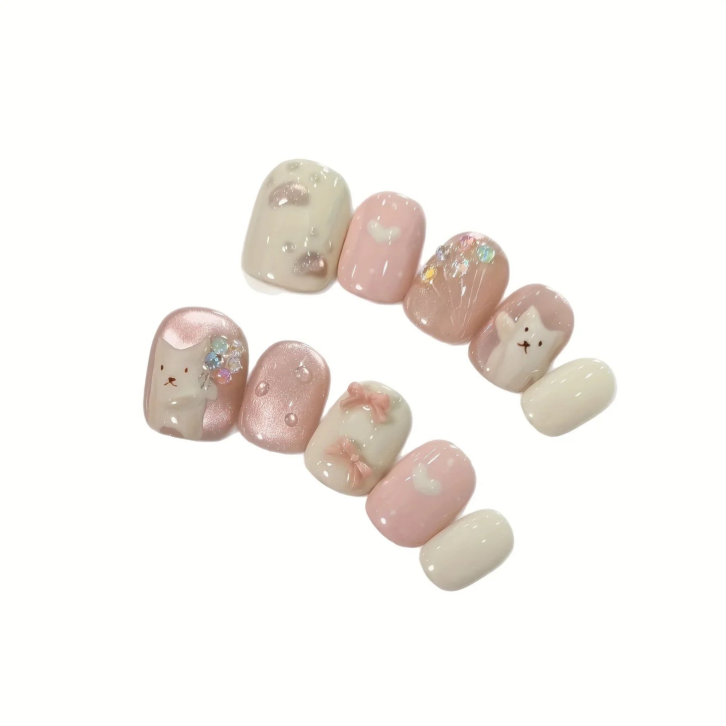 10Pcs Hamdmade Press on Nails Cat Eye Pink Hand-Painted Bouquet Cat Bow Fake Nail Bean Nails Detachable Wearable Nail for Women