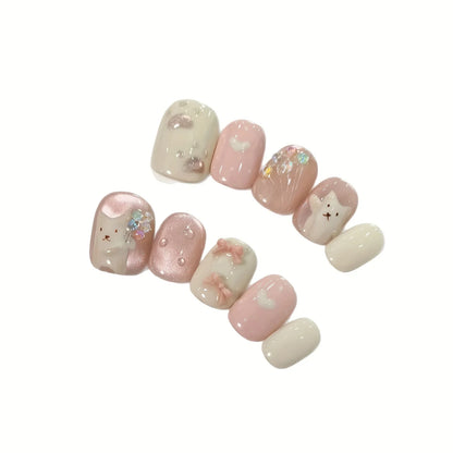 10Pcs Hamdmade Press on Nails Cat Eye Pink Hand-Painted Bouquet Cat Bow Fake Nail Bean Nails Detachable Wearable Nail for Women