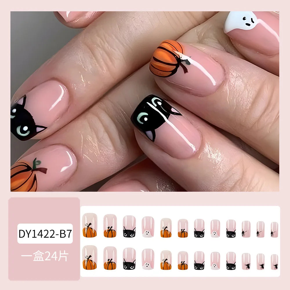 24pcs Simple Almond Press on Nails Cute White Ghost Bat Decor False Nails Wearable Reusable Spicy Cool Halloween Fake Nail Tips