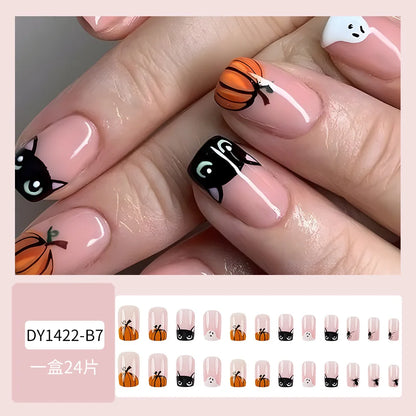 24pcs Simple Almond Press on Nails Cute White Ghost Bat Decor False Nails Wearable Reusable Spicy Cool Halloween Fake Nail Tips