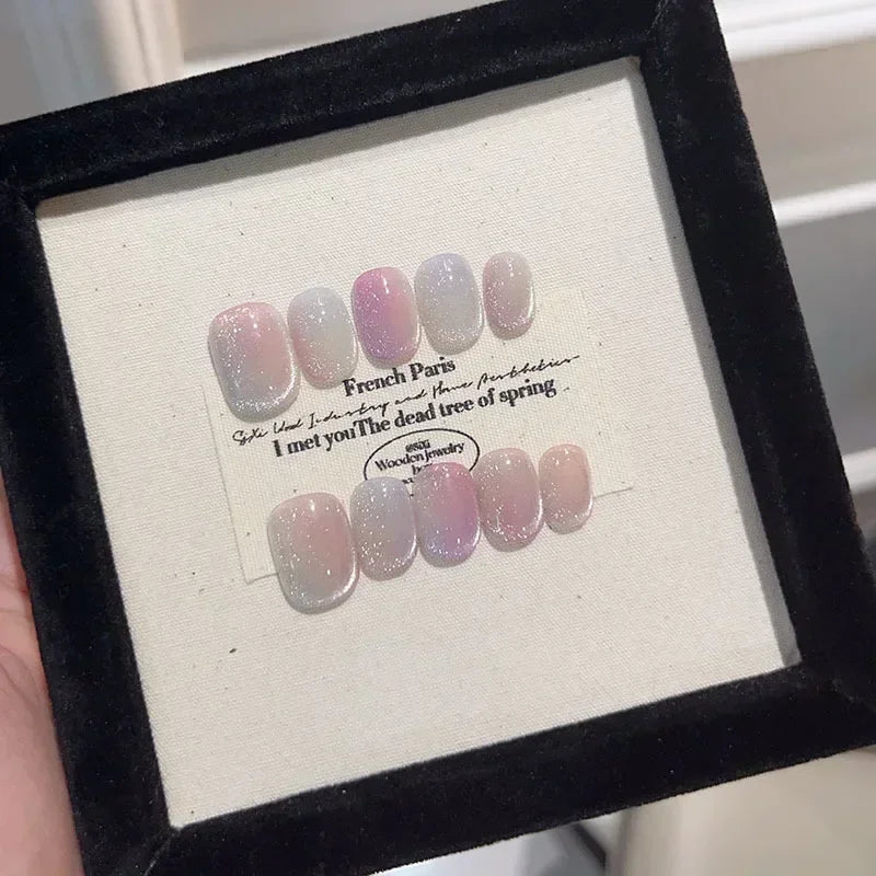 10Pcs Short Ballerina Handmade Press on Nails Blue Cat Eye Fake Nails Wearable Stick-on Nails Full Cover False Nail Uñas 네일팁