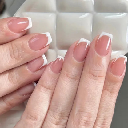 24Pcs White Edge French Fake Nails Mid-length Square Head False Nail Wearable Simple Nails Set Press on Full Cover Nail Tips
