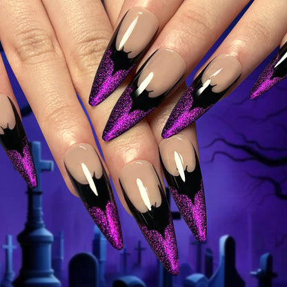 Halloween Cool Spice Style Spider Skull False Nails Purple Halo Dyeing Detachable Finished Fake Nails Press on Nail with Glue