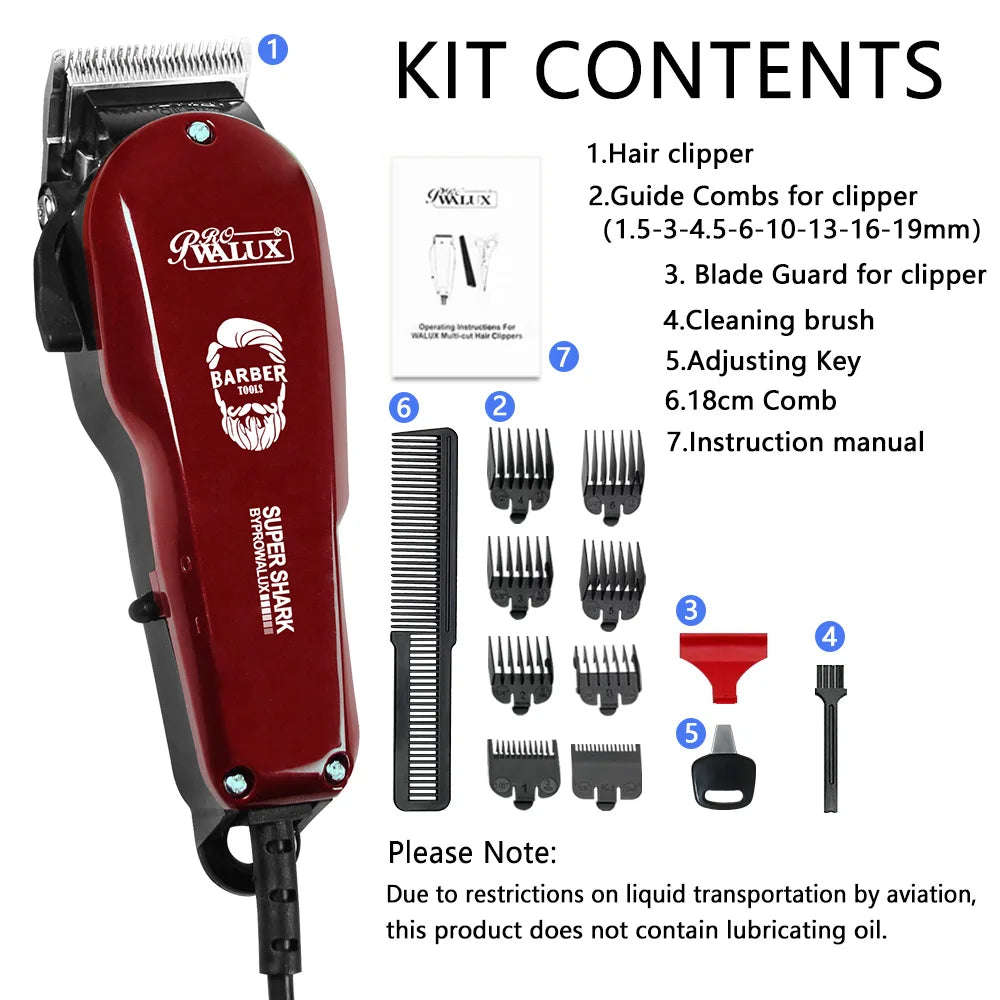 WALUX Professional AC220-240V Hair Clipper 10W Powerful Hair Trimmer Home Man Shaver 2M Cable Hair Cutting Machine 8 Guard Combs