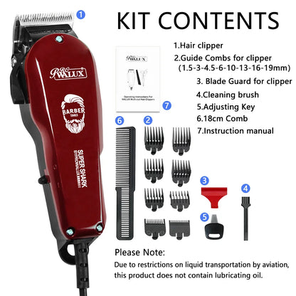 WALUX Professional AC220-240V Hair Clipper 10W Powerful Hair Trimmer Home Man Shaver 2M Cable Hair Cutting Machine 8 Guard Combs