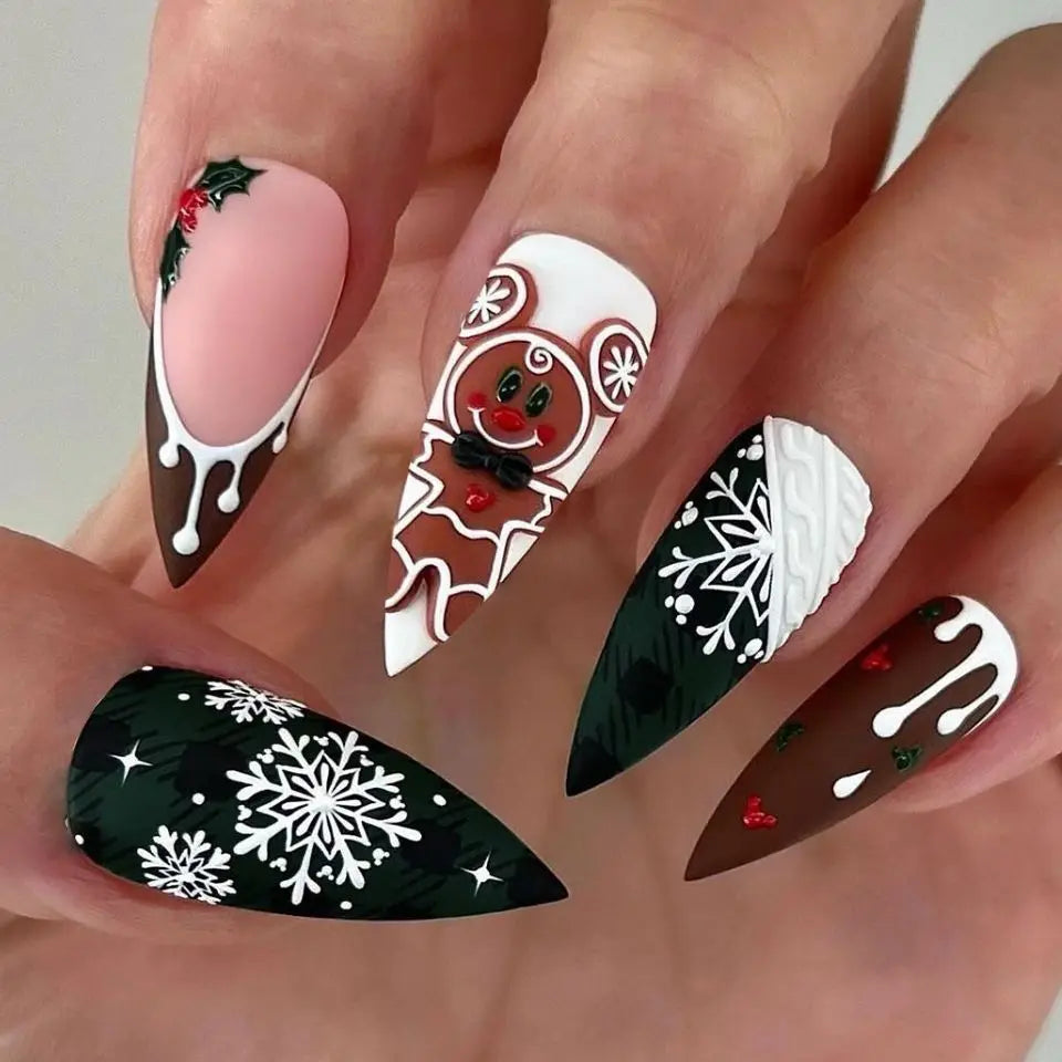 Medium long fake nails for Christmas party Cute snowman Santa Claus gift snowflake square almond tips Press on false nail art