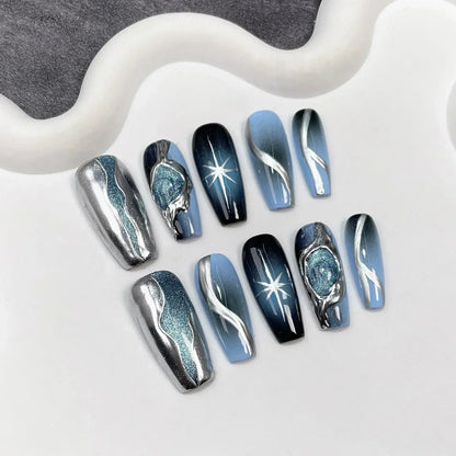 10Pcs Black Handmade Press On Nails Coffin Fake Nails Full Cover Gradient Metal Contrast Artificial Manicure Wearable Nail Tips