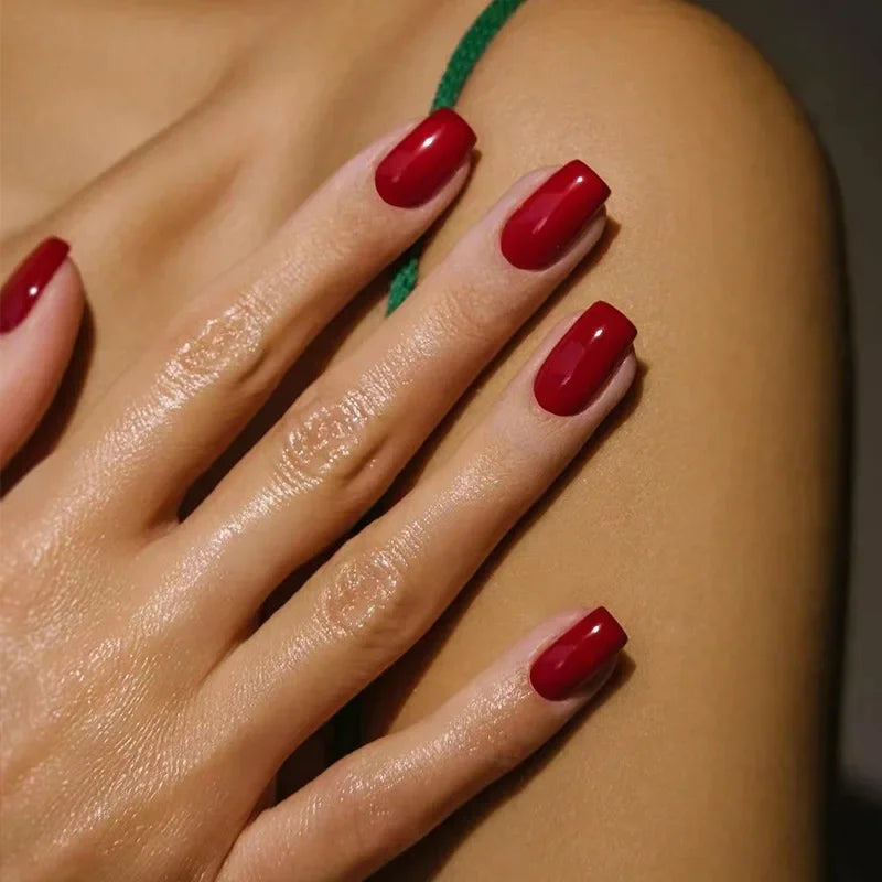 Solid Color Wearable Nail Art Fashion Red Blue Rose Pink Square Shape Finished False Nails Press on Nails with Glue Wholesale