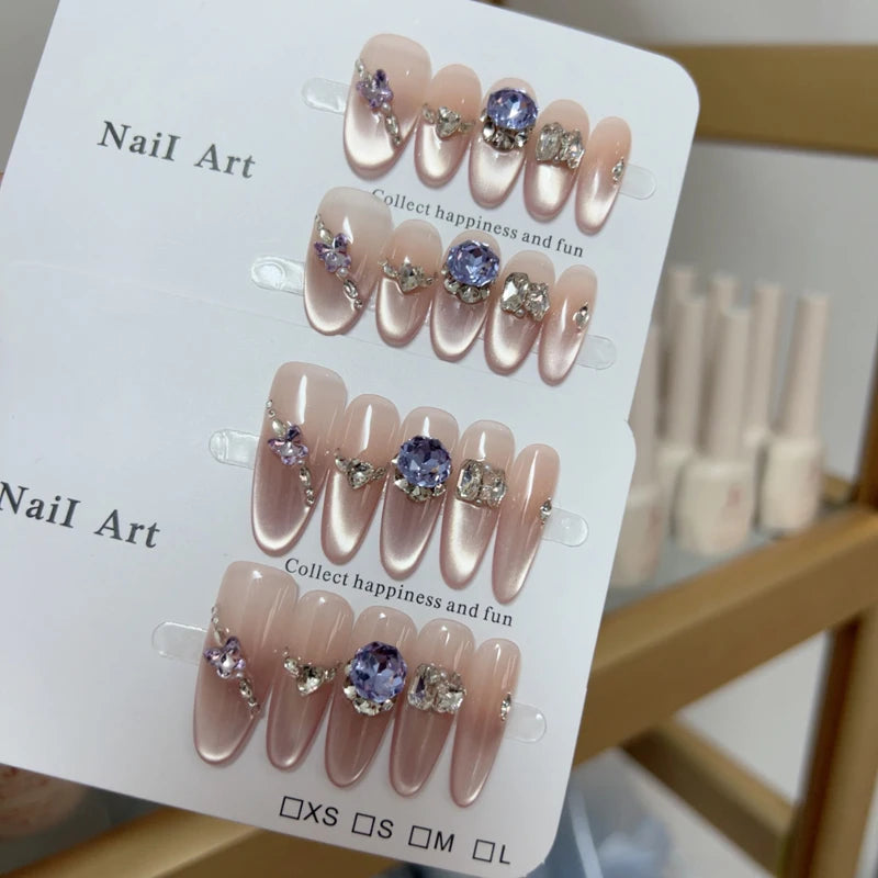 10pcs high-end Light luxury cat-eye gradient purple beveled small diamond butterfly pile diamond handmade fake nails, Simple and