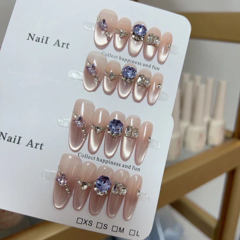 10pcs high-end Light luxury cat-eye gradient purple beveled small diamond butterfly pile diamond handmade fake nails, Simple and