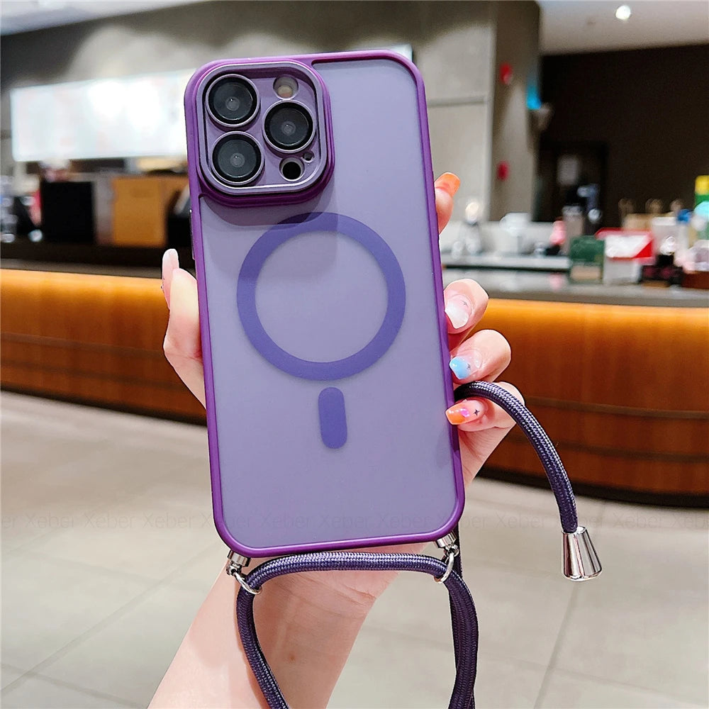 Crossbody Lanyard Cord Rope Necklace For Magsafe Magnetic Case For iPhone 17 16 15 11 12 13 14 Pro Max Matte Clear Charge Cover