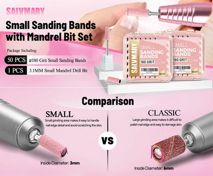 Pink 3MM Sanding Bands 50 Pcs With Mandrel Bit Se 180 Fine Grit Small Nail Files Sanding Band for Acrylic Nails Gel Manicure