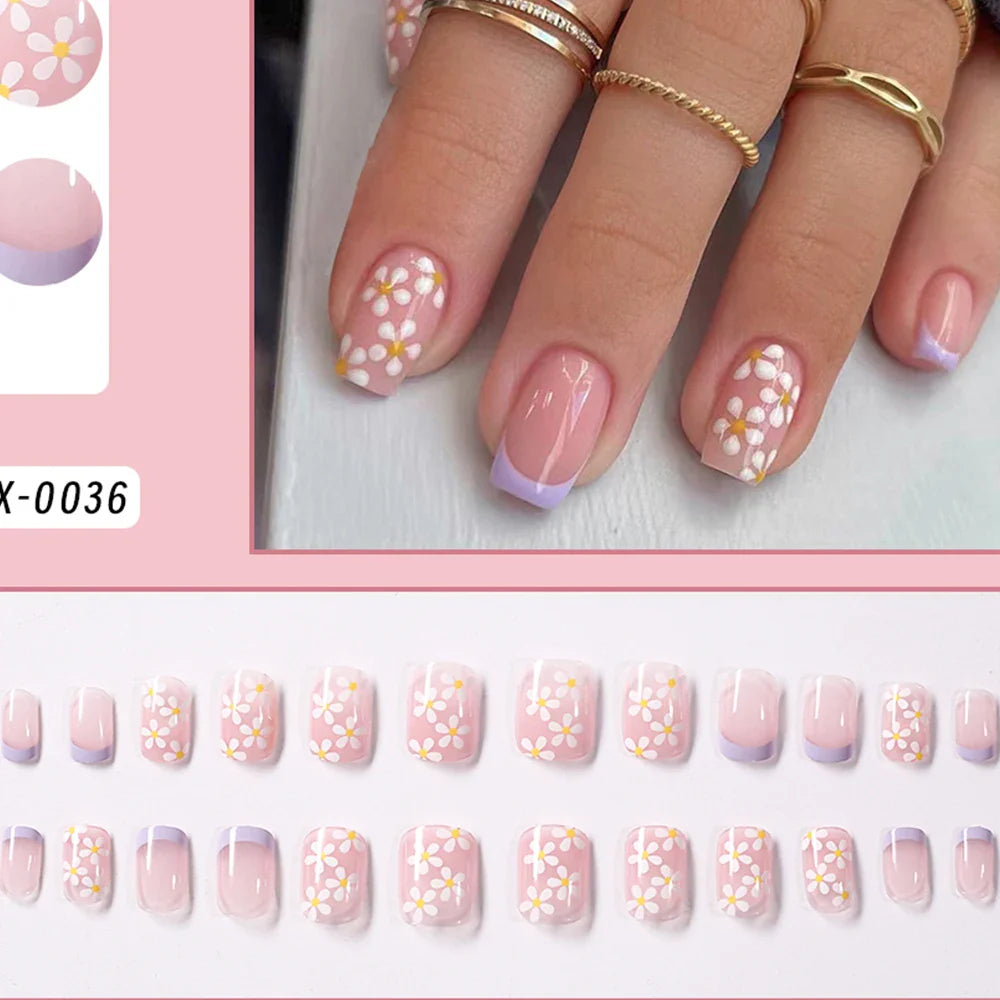 24Pcs Short Square Coffin False Nails French Glitter Wearable Fake Nails Acrylic Full Cover Women Ballet Press on Nails Tips