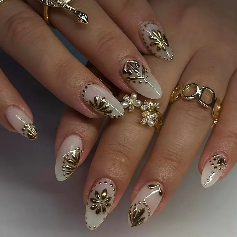 24Pcs Cyber Punk Style Almond False Nails Press on Pink Blush Full Cover Fake Nails 3D Ombre Wearable Acrylic Nail Manicure Tips