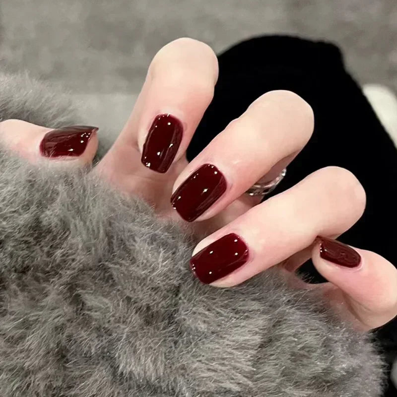 24pcs Crystal Cat Eye False Nails with Glue Short Square Press on Nails Shiny Red Jewel Nail Solid Color Fake Nails Minimalis