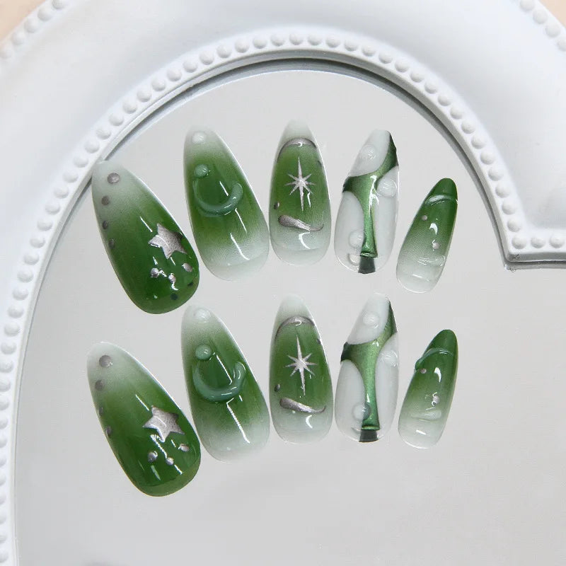 24pcs Summer Green Almond Press on Nails Fashion y2k Star Print False Nails Ins Simple Wearable Reusable Fake Nails for Women