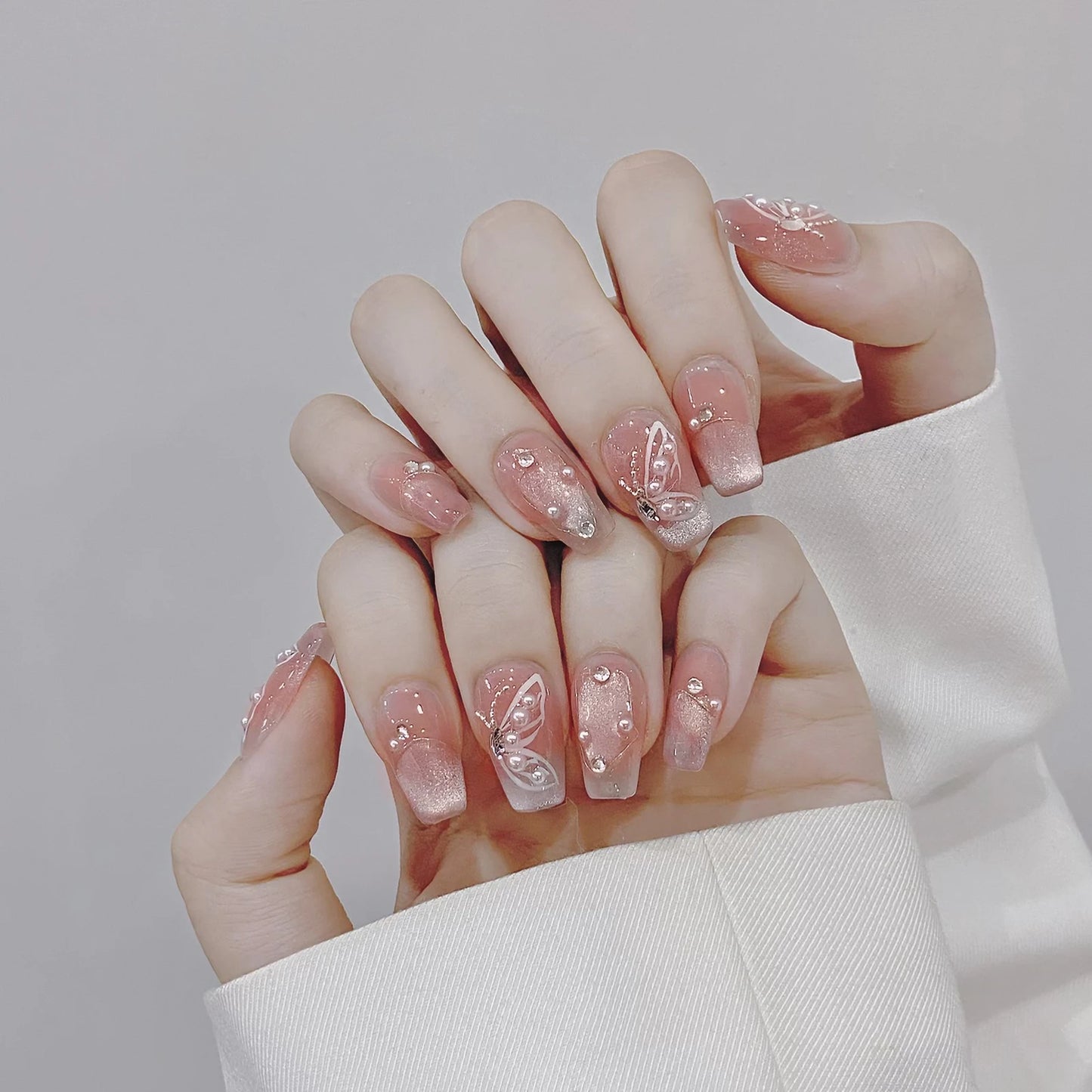 Handmade Press on Nails Shiny Pink Cat Eye Pearl Fake Nail Tips For Girl Women Wearable Full Cover Korean Sweet False Nails