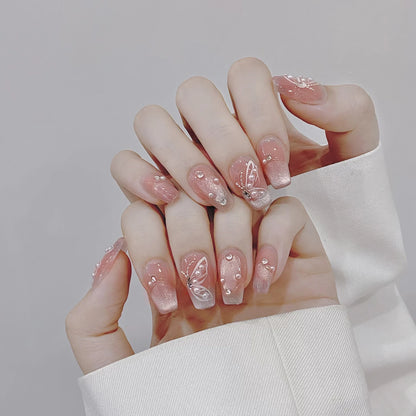 Handmade Press on Nails Shiny Pink Cat Eye Pearl Fake Nail Tips For Girl Women Wearable Full Cover Korean Sweet False Nails