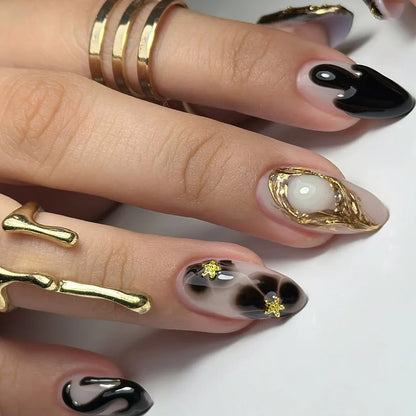 Fashion Brown Flowers Nude Color Nail Art Gold French Almond False Nails Detachable Finished Fake Nails Press on Nails with Glue
