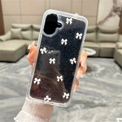 Cute 3D Bowknot Glitter Case For iPhone 17 Air 16 15 13 11 Pro Max 14 Plus 12 X XS XR 2025 Korean Girl Epoxy Clear Shell