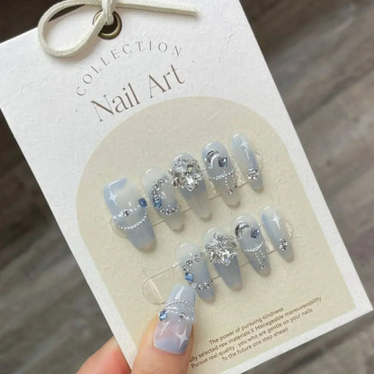 10Pcs Handmade Press on Nails Long Ballet Blue Fake Nails with 3D Ocean Moon Rhinestone Design False Nails Full Cover Nail Tips