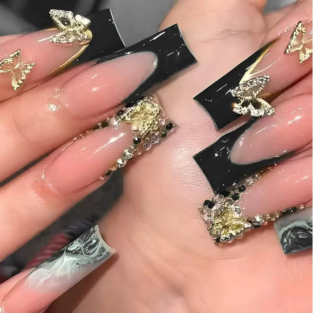 24Pcs Gold French Border False Nails Long Coffin False Nails with Rhinestones Ballerina Full Cover Nail Tips Press on Nails