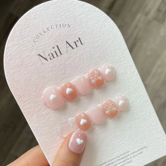 Short Nails Set Press On Handmade Professional Nails 3D Heart Designs Charms Artificial Nails For Teens Nailworld Store Nail Art