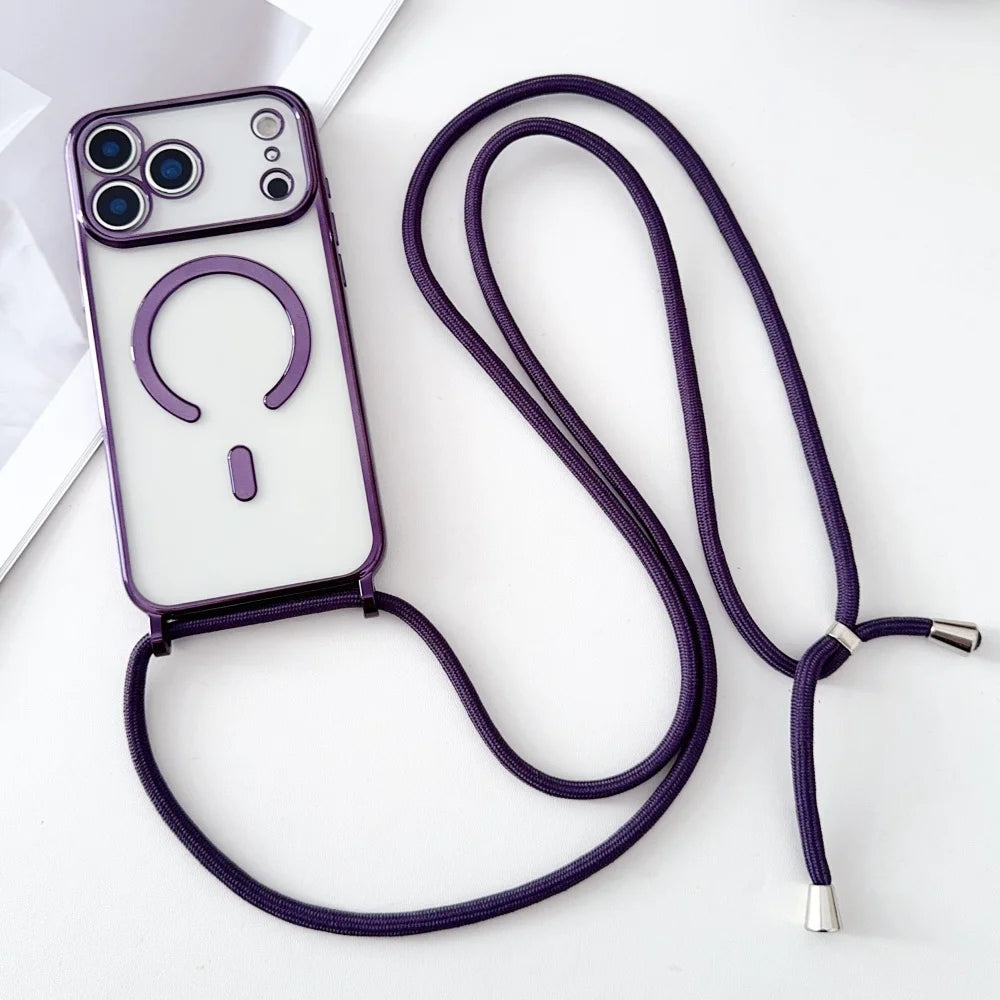 Luxury Necklace Cord Rope Lanyard Plating Magnetic Clear Phone Case For iPhone 17 16 14 11 12 13 15 Pro Max For Magsafe Cover