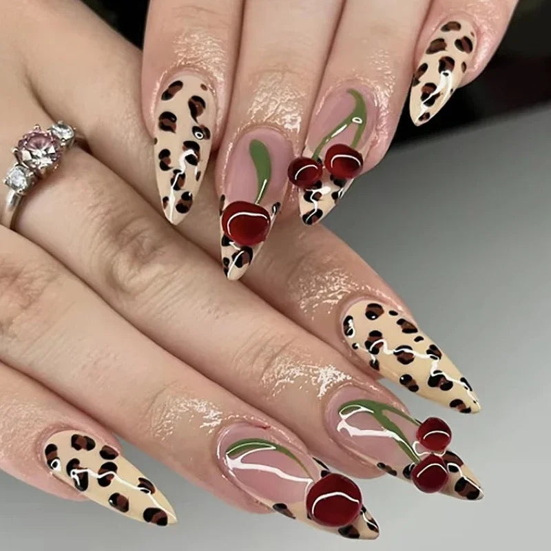 Leopard Print Ballet Fake Nails Art Almond False Nail Tip Charm Star Bowknot Flower Heart Cherry Pointed Press on Nails Manicure