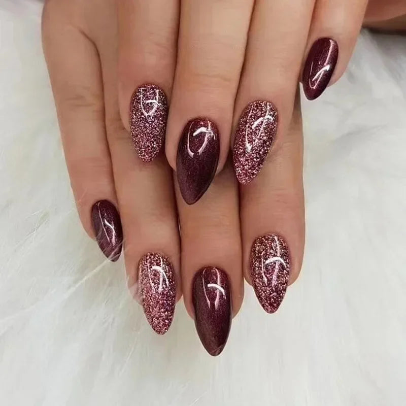 24 Pcs Medium Acyrlic Press on Nails Girls Ready-made Artificial Stick-on Nails Red Glitter Almonds Fake Nails with Glue Winter