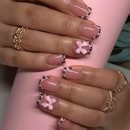 24Pcs Almond White French Press on Nails Pearl Bow False Nail Short Rhinestones Removable Nail stickers for Women and Girls
