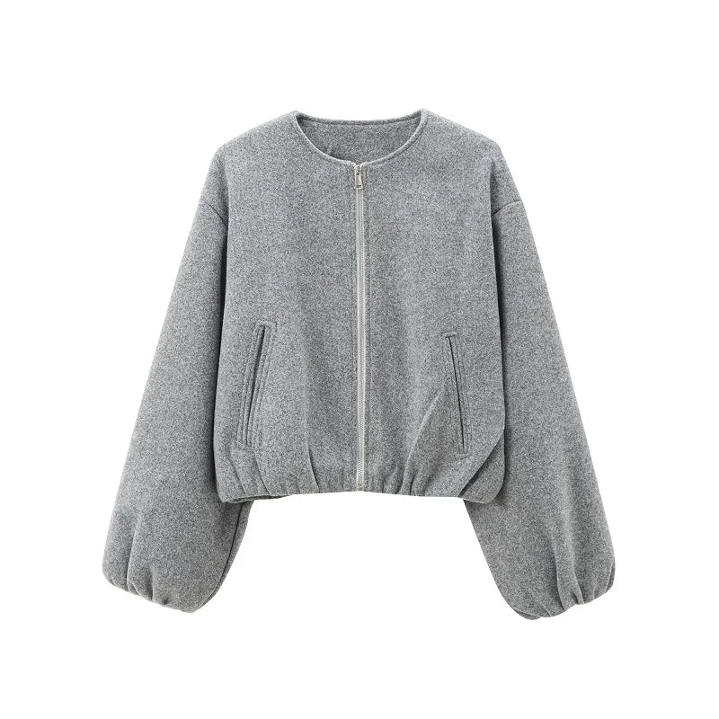 TRAF Beige Cropped Jacket Outerwears Women's 2024 Autumn Winter Wool&Blend Short Bomber Varsity Jacket Fashion Casual Grey Coat