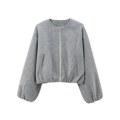 TRAF Beige Cropped Jacket Outerwears Women's 2024 Autumn Winter Wool&Blend Short Bomber Varsity Jacket Fashion Casual Grey Coat