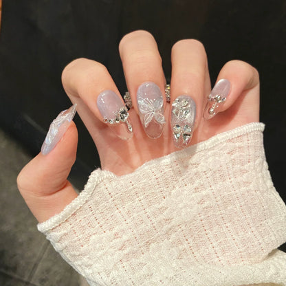 10Pcs Shiny Handmade Press on Nails Full Cover Rhinestone Cat's Eye Design False Nails Almond Wearable Manicure Nail Tips Art