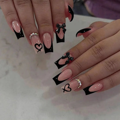 24pcs Long Ballet Press On Nails Black Cross Strap French Style Fake Naile With 3D Bowknot Decor Korean Reusable False Nail Tips