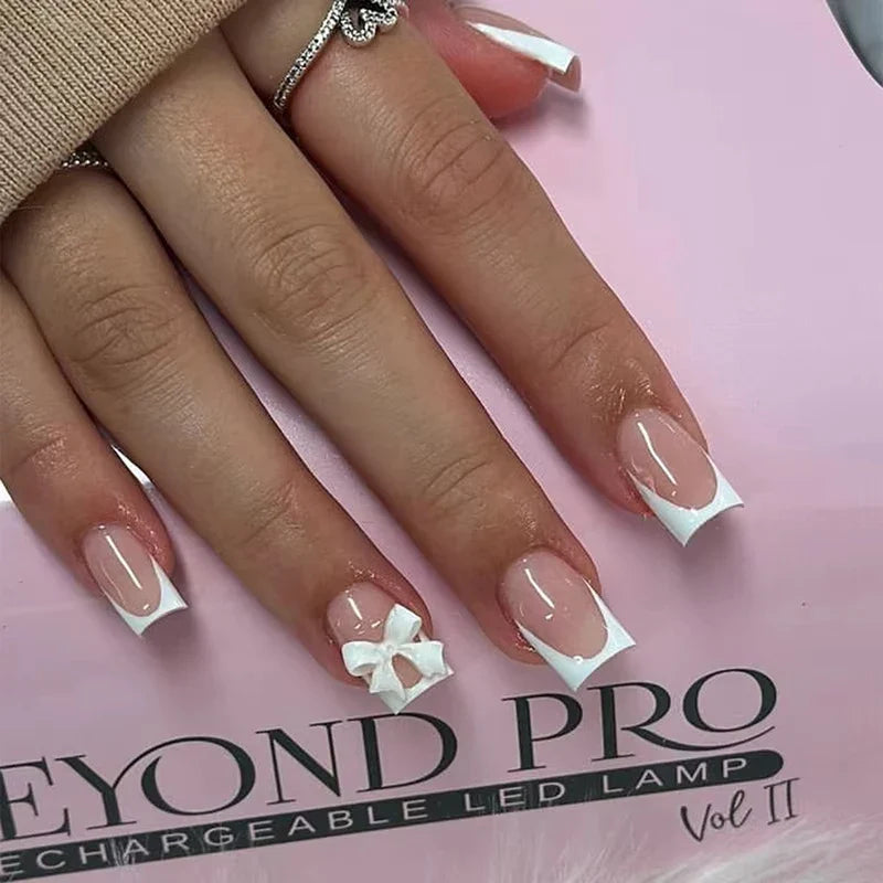 24Pcs Almond White French Press on Nails Pearl Bow False Nail Short Rhinestones Removable Nail stickers for Women and Girls