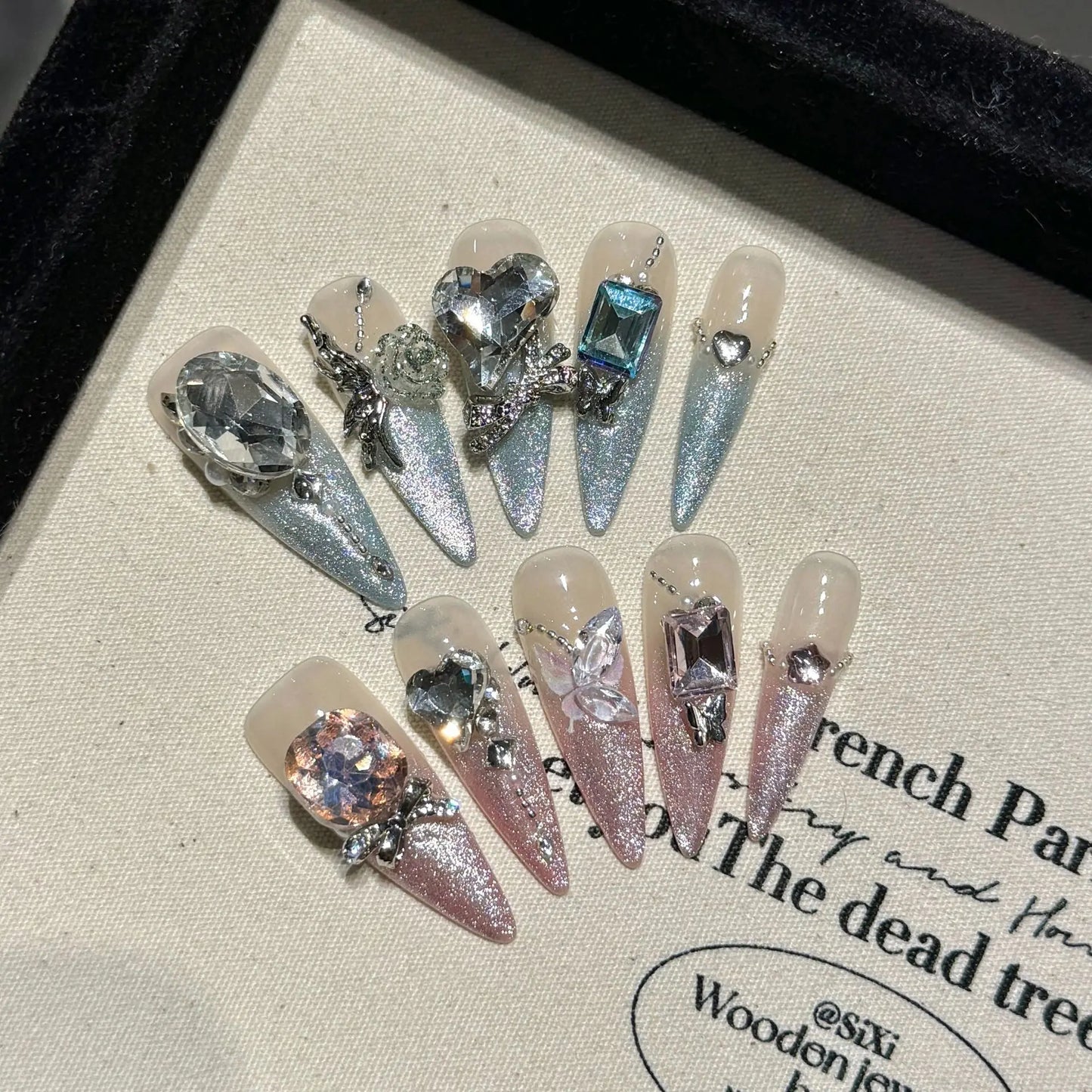 10pcs Green Long-pointed Press On Nails For Wedding Flash Gold Foil Chain Decors Luxury False Nails New Year French Fake Nail