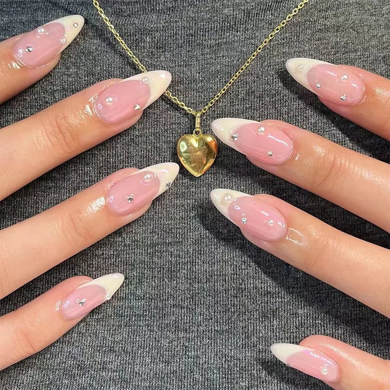 24Pcs White Almond False Nails Ballet with French Design Wearable Fake Nails Gradient Simple Full Cover Press on Nail Tips Art