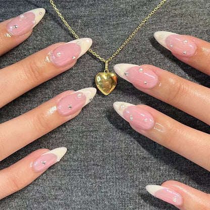 24Pcs White Almond False Nails Ballet with French Design Wearable Fake Nails Gradient Simple Full Cover Press on Nail Tips Art