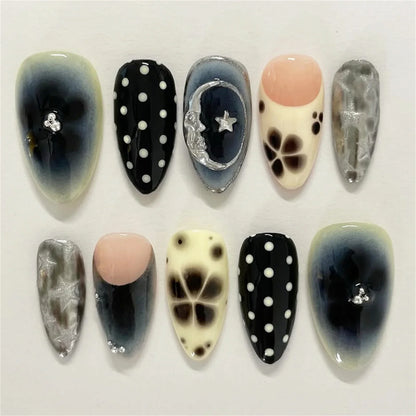 24pcs White Flower Fake Nail Tips Ins Yellow Pink Blush False Nails Wearable Full Cover European Almond Shaped Press on Nails