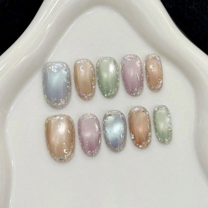 10pcs Handmade Press On Nails Solid Color Glossy Glass Beads Cat's Eye False Nails Full Cover Short Almond Fake Nail For Women