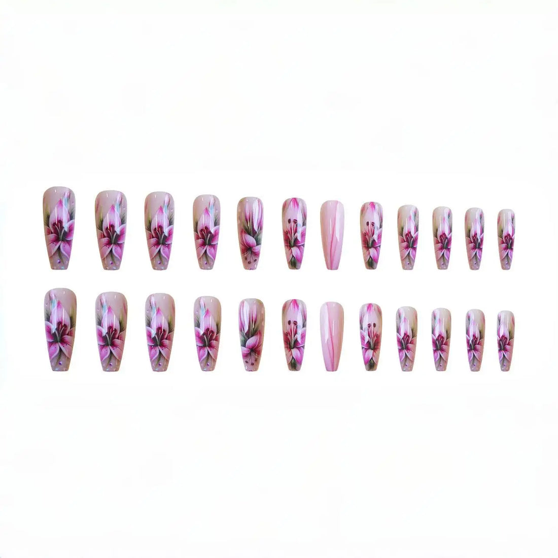 24Pcs White French Fake Nails with Glitter Rose Pattern Press on False Nails Gold Edge Line Design Artificial Nail Tips Art Long