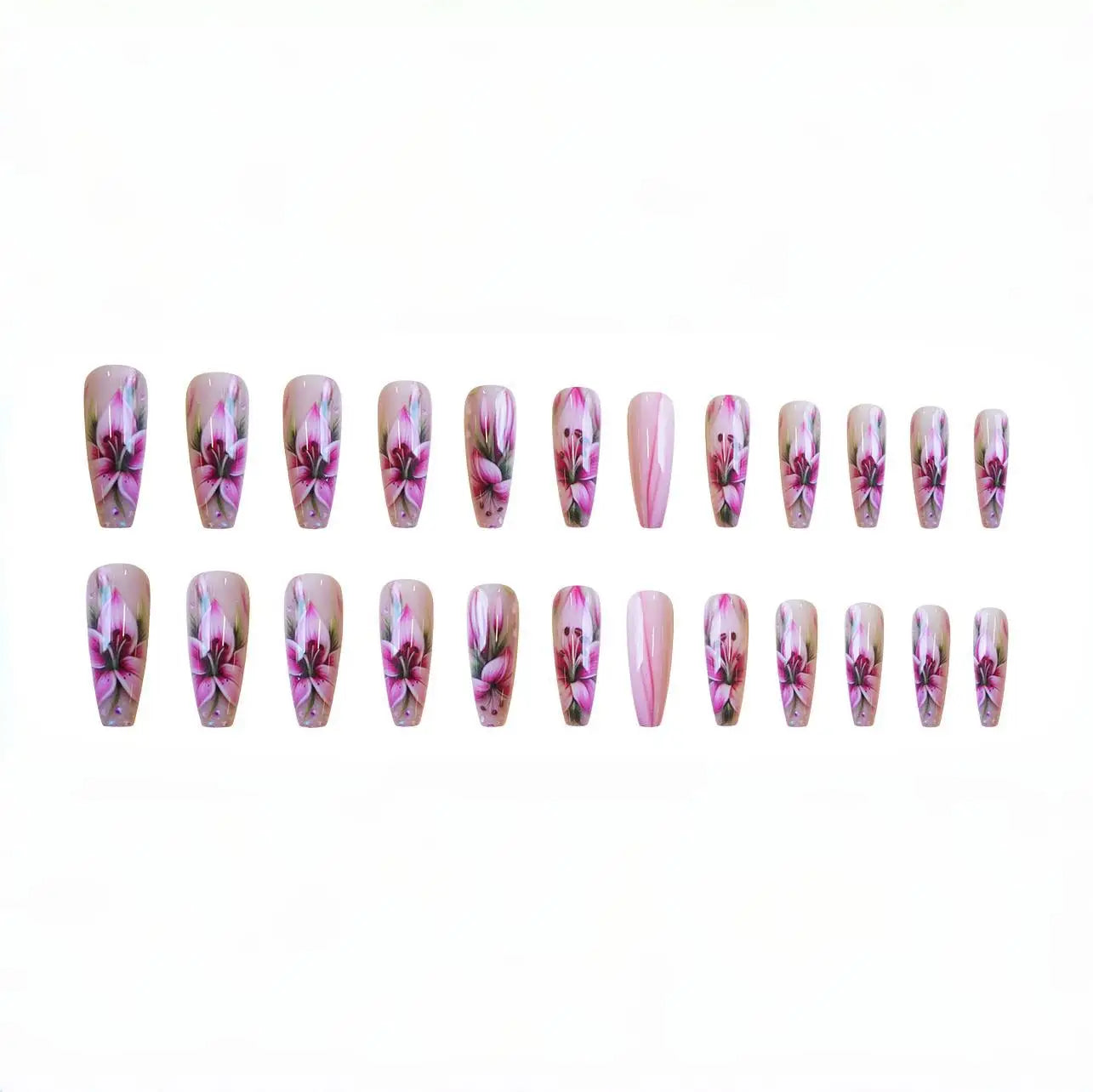 24Pcs White French Fake Nails with Glitter Rose Pattern Press on False Nails Gold Edge Line Design Artificial Nail Tips Art Long