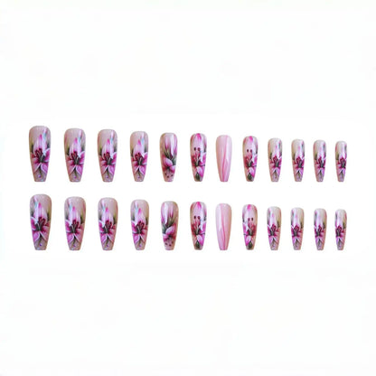 24Pcs White French Fake Nails with Glitter Rose Pattern Press on False Nails Gold Edge Line Design Artificial Nail Tips Art Long