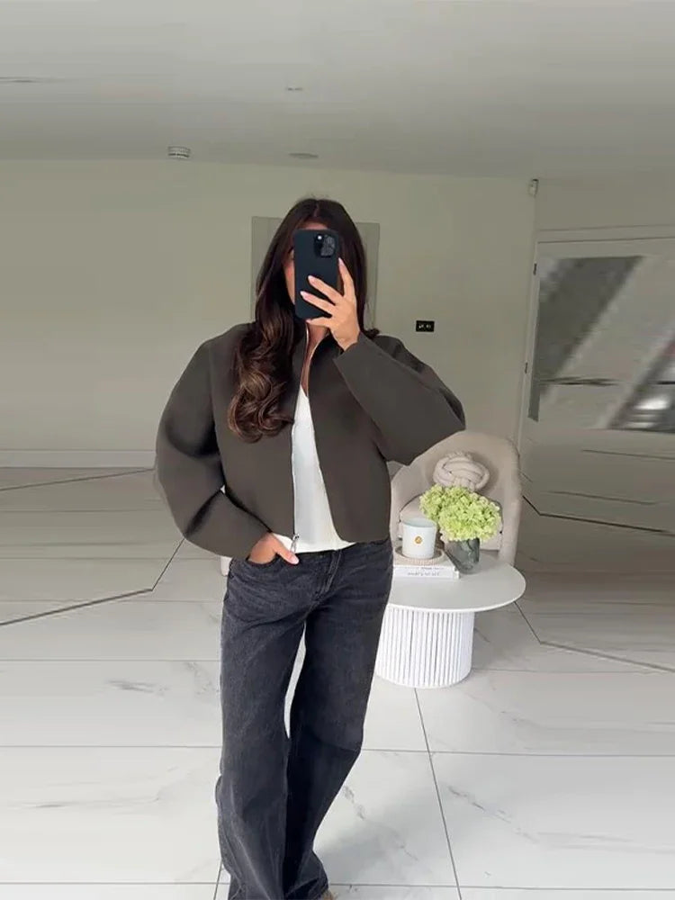 Women Casual Solid Knitted Short Cardigan Lapel Full Sleeve Zipper Loose Cropped Coats 2025 Lady Daily Commute Fashion Outerwear