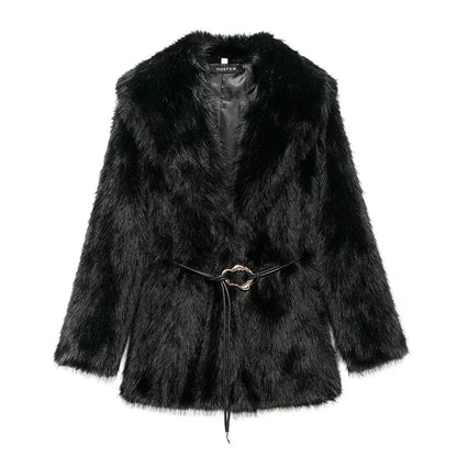 Women's Belt Decoration Collar Solid Color Medium Long Coat Autumn/Winter New Long Sleeve Loose Coat