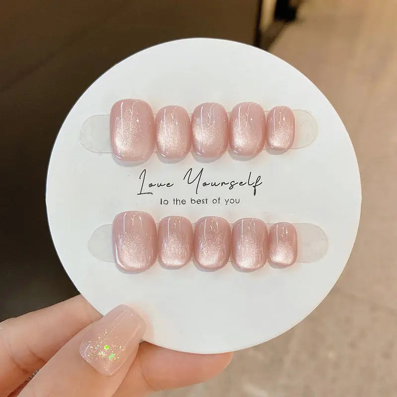 10Pcs Pure Color Handmade Short False Nail with Glue Press On Nails Full Cover French Round Head Manicure Wearable Nail Tips Art