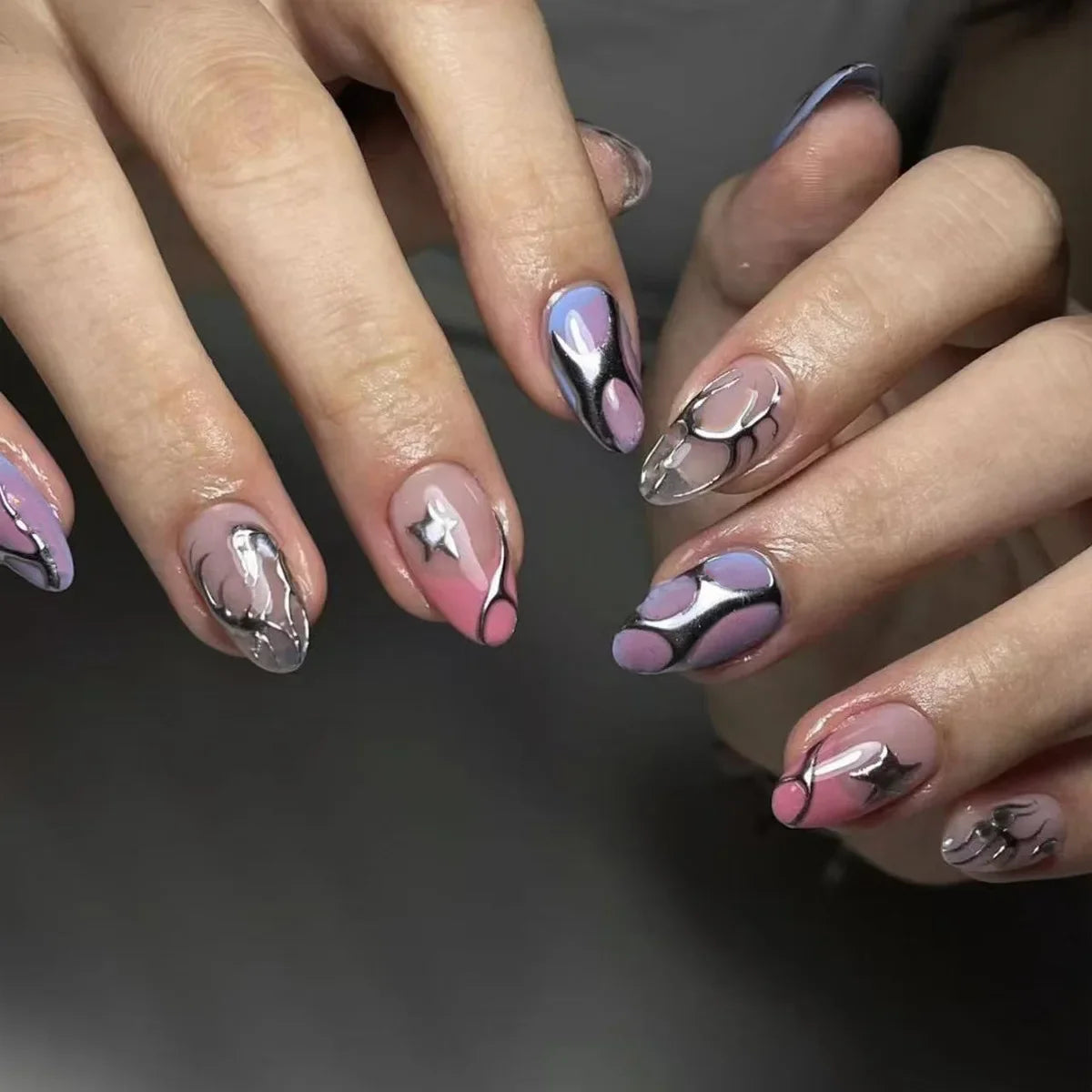 24Pcs Cyber Punk Style Almond False Nails Press on Pink Blush Full Cover Fake Nails 3D Ombre Wearable Acrylic Nail Manicure Tips