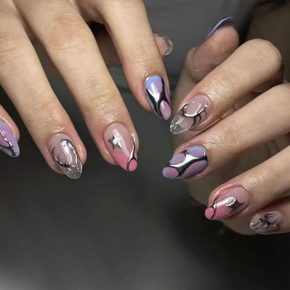 24Pcs Cyber Punk Style Almond False Nails Press on Pink Blush Full Cover Fake Nails 3D Ombre Wearable Acrylic Nail Manicure Tips